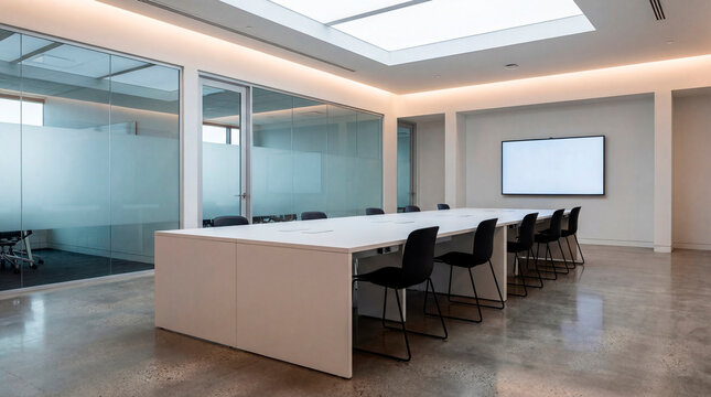 Minimalist meeting room with glass offices and presentation display