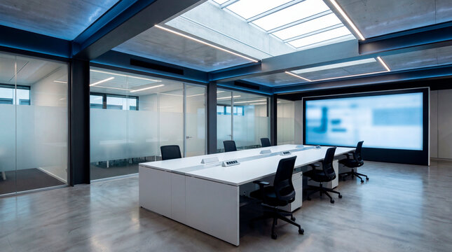 Modern collaborative workspace with integrated presentation screen and glass offices