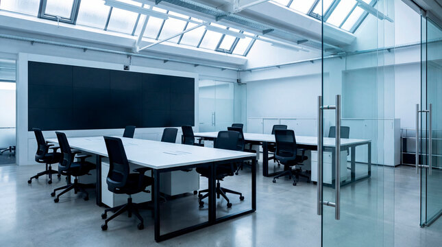 Bright open office workspace with skylights and glass partition walls