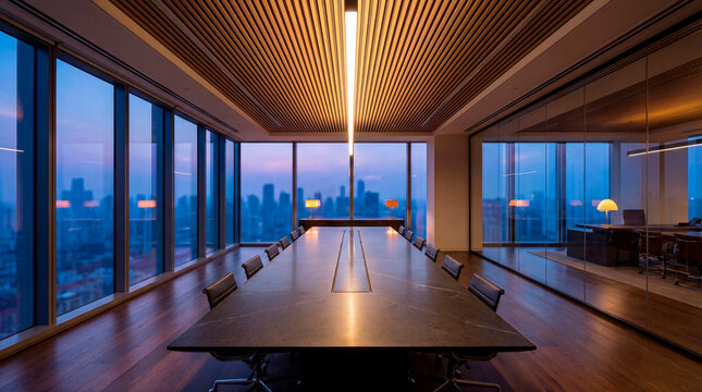 Contemporary conference room with panoramic skyline views and executive workspace