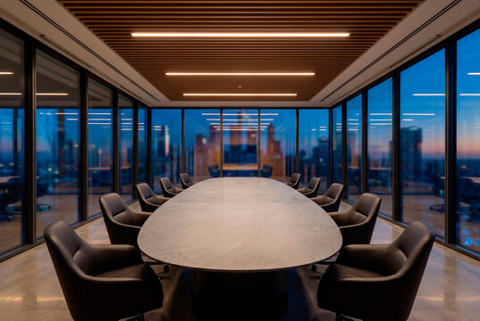 Executive boardroom with panoramic city skyline and contemporary conference table
