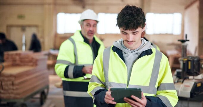 Architect, walking and happy man with tablet on construction site, inspection or property management. Building, check and person with tech for renovation update, smile and quality control on website