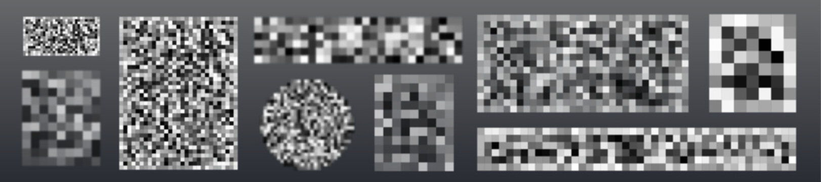 Pixel mosaic blur effect for censoring sensitive content, realistic vector square patterns isolated on background. Privacy censorship overlay with pixelated texture for hiding faces or naked skin
