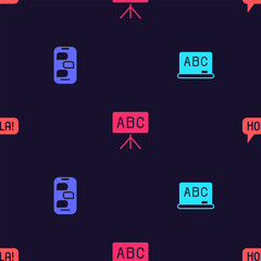 Set Chalkboard, New chat messages notification, and Hola in different languages on seamless pattern. Vector © vector_v