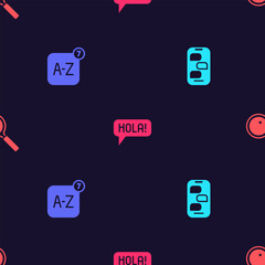Set New chat messages notification, Online translator, Hola different languages and Magnifying glass on seamless pattern. Vector © vector_v