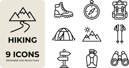 Obraz premium Hiking Editable Stroke Outline Icon Set with Trekking Camping Outdoor Adventure and Mountain Exploration Vector Collection
