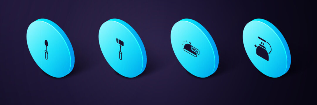 Set Isometric Kettle with handle, Covered tray of food, Kitchen hammer and Teaspoon icon. Vector