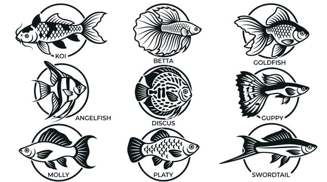 A monochrome flat vector icon set of 9 detailed ornamental fish including koi, betta, goldfish, angelfish, discus, guppy, molly, platy, and swordtail, elegant fins, decorative tails, flowing shapes