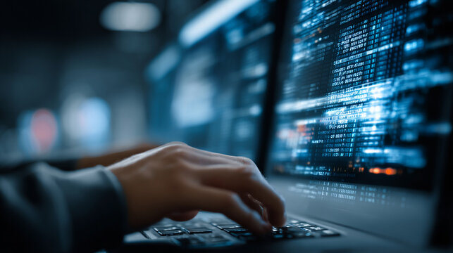 Person typing on laptop with code on screen in dark room
