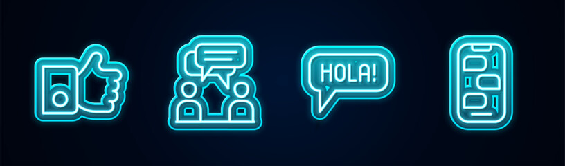 Set line Hand like, Two sitting men talking, Hola different languages and New chat messages notification. Glowing neon icon. Vector © vector_v