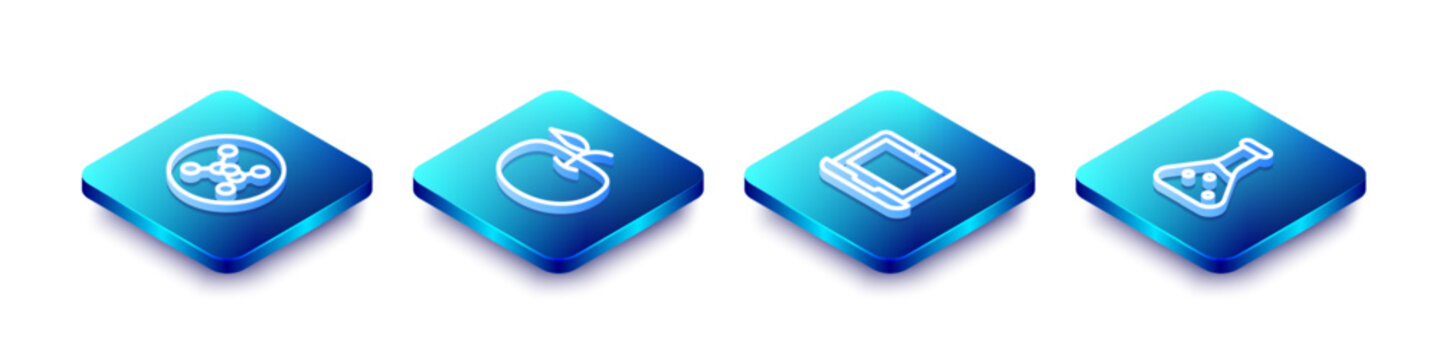 Set Isometric line Chemical formula, Apple, Laptop and Test tube icon. Vector