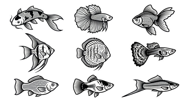 A monochrome flat vector icon set of 9 detailed ornamental fish including koi, betta, goldfish, angelfish, discus, guppy, molly, platy, and swordtail, elegant fins, decorative tails, flowing shapes