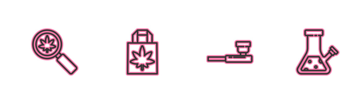 Set line Magnifying glass and marijuana, Smoking pipe, Shopping paper bag of and Glass bong for smoking cannabis icon. Vector