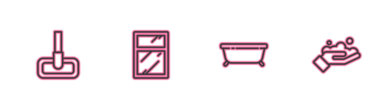 Set line Mop, Bathtub, Cleaning service for windows and Washing hands with soap icon. Vector