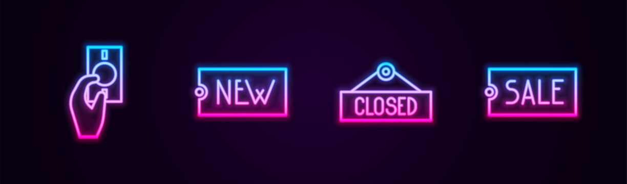 Set line Hand holding money, Price tag with text New, Hanging sign Closed and Sale. Glowing neon icon. Vector