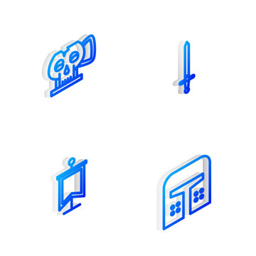 Set Isometric line Medieval sword, Cup from the skull, flag and iron helmet icon. Vector