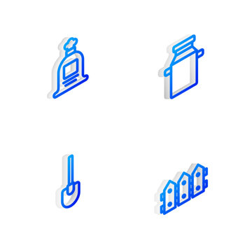 Set Isometric line Can container for milk, Full sack, Shovel and Garden fence wooden icon. Vector