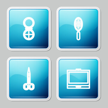Set line Makeup powder with mirror, Hairbrush, Scissors and icon. Vector