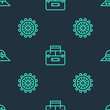 Set line Case container for wobbler, Ship steering wheel and Fisherman hat on seamless pattern. Vector