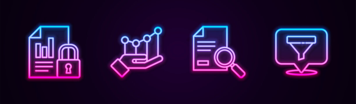 Set line Document and lock, Pie chart infographic, with search and Location sales funnel. Glowing neon icon. Vector
