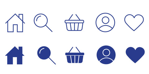 Minimalist web navigation user interface icons set featuring home page search glass, shopping cart silhouette avatar profile, and heart symbol in line and solid black styles. © IconBloom