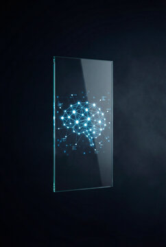 Transparent 3D AI interface displaying neural network visualization