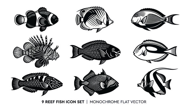 A monochrome flat vector icon set of 9 detailed reef fish including clownfish, butterflyfish, surgeonfish, lionfish, parrotfish, tang fish, wrasse, triggerfish, and bannerfish, exotic body patterns