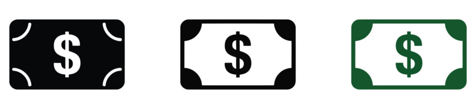 Dollar Currency Note Icons Featuring Prominent Dollar Symbols for Financial Transactions, Cash Payments, Banking and Commerce, Vector Collection