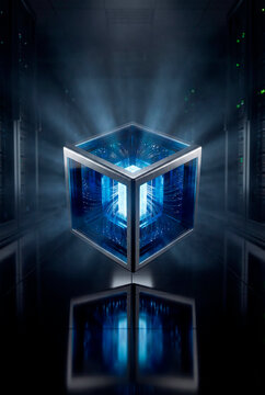 Futuristic 3D quantum computing cube inside a data center