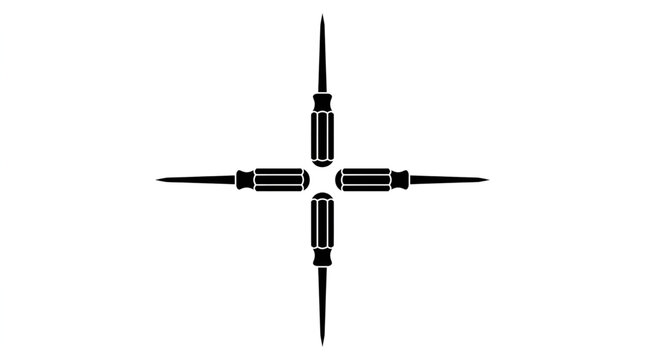 Four awls arranged in cross shape on white background as minimalist graphic symbol for workshop and artisan tool.