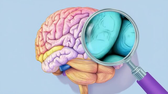 Detailed anatomical human brain illustration examined closely through a magnifying glass symbolizing neuroscience research analysis and discovery