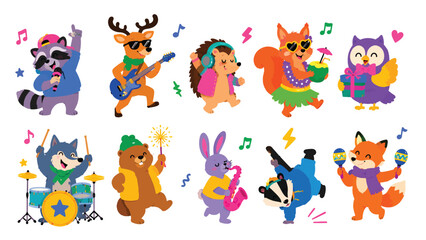Obraz premium Energetic cartoon woodland animals performing live music and breakdancing at a festival.