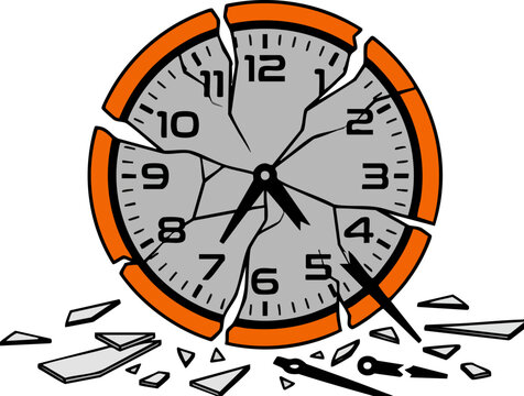 Broken clock with shattered glass face and orange frame, damaged analog timepiece vector, concept of lost time and missed deadlines