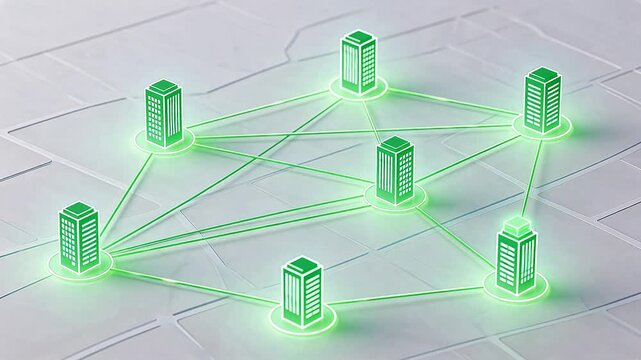 Green networked building icons on map