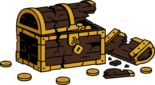 Vintage treasure chest vector illustration, broken wooden pirate trunk with gold coins, antique damaged loot box for gaming and adventure design