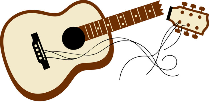 Broken acoustic guitar vector illustration, damaged musical instrument with snapped neck and loose strings, flat cartoon style guitar icon