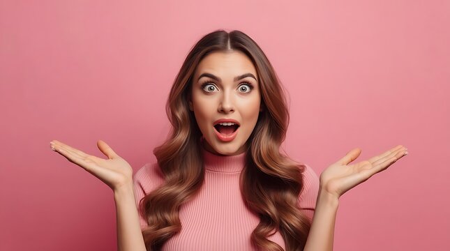 Surprised Woman with Open Mouth and Raised Hands on Pink Background.
