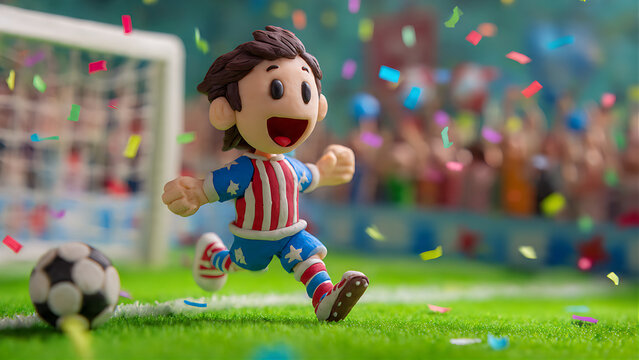 Cartoon Style Soccer Player in American Flag Uniform Scoring Goal