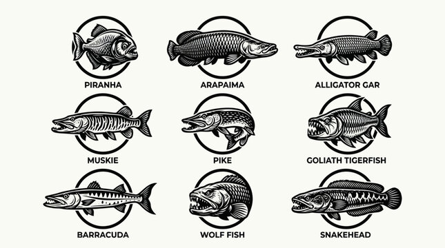 A monochrome flat vector icon set of 9 detailed predator fish including piranha, arapaima, alligator gar, muskie, pike, tigerfish, barracuda, wolf fish, and snakehead, aggressive jawlines