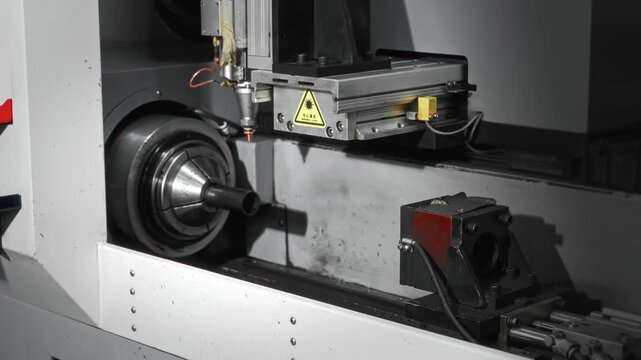 Automatic laser cutting of cylindrical steel pipe inside enclosed CNC machine with bright cutting glow, rotating chuck, aligned nozzle, and precise industrial machining action