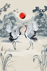 Fototapeta premium Elegant vector hand drawn illustration with white cranes in oriental style