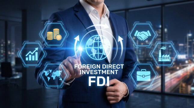 Professional businessman in a suit interacting with a glowing digital interface about foreign direct investment strategy