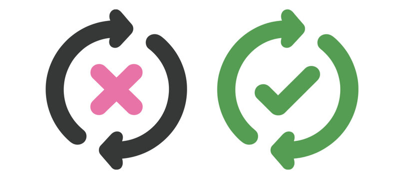 arrow rotation direction icon set featuring clockwise and counterclockwise arrows with check marks and cross symbols, approval, rejection, refresh and process flow indicators, clean modern vector 