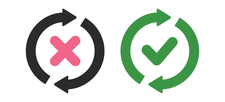 vector collection of circular rotation arrows with approval and rejection icons, clockwise and counterclockwise process symbols for refresh, workflow, synchronization and status updates, minimalist 