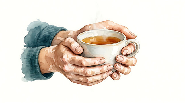 Hands holding a warm steaming mug of tea depicted in a soft watercolor illustration style on a clean white background conveying comfort
