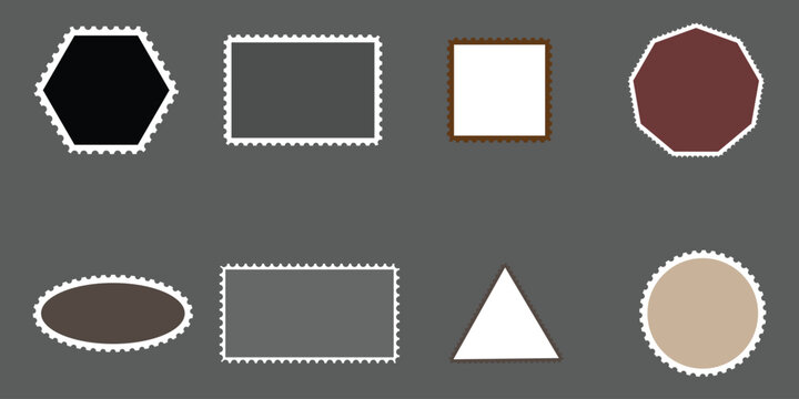 Vintage postage stamp frames set, 8 blank philatelic border vectors with perforated edges, geometric mail sticker templates for scrapbooking and postal design, neutral earth tone labels