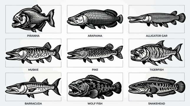 A monochrome flat vector icon set of 9 detailed predator fish including piranha, arapaima, alligator gar, muskie, pike, tigerfish, barracuda, wolf fish, and snakehead, aggressive jawlines