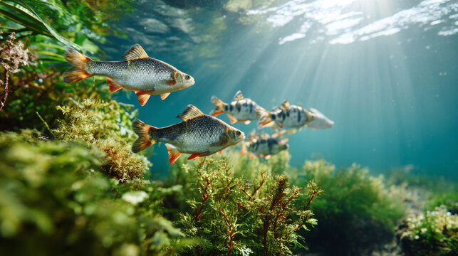 School of freshwater fish swimming underwater clear river with sunlight and green aquatic plants