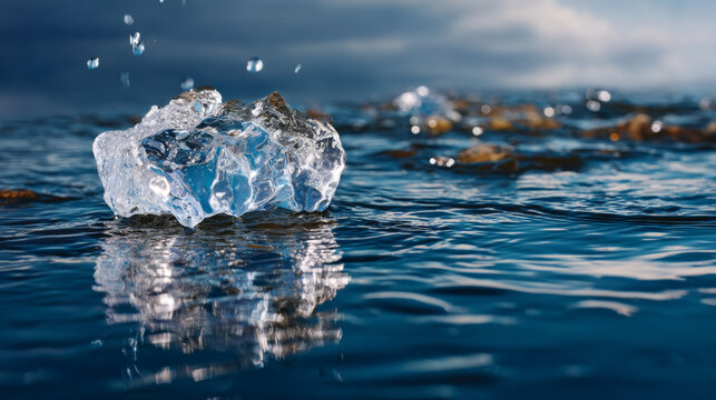 Isolated melting ice chunk on reflective water surface under cloudy sky, nature climate concept