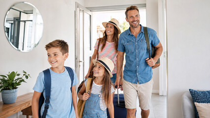 Fototapeta premium Happy family arriving at vacation rental with luggage for summer holiday